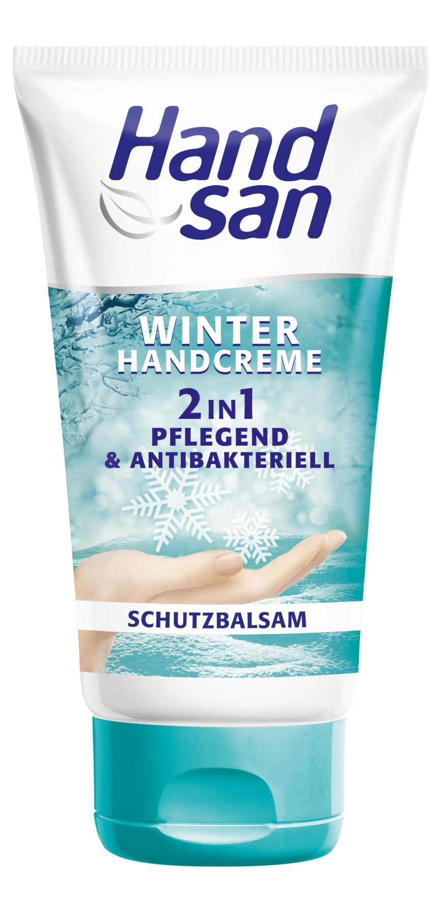 Pflegt: „Winter Handcreme 2in1 pflegend & antibakteriell“ von Handsan, ca. 2 Euro