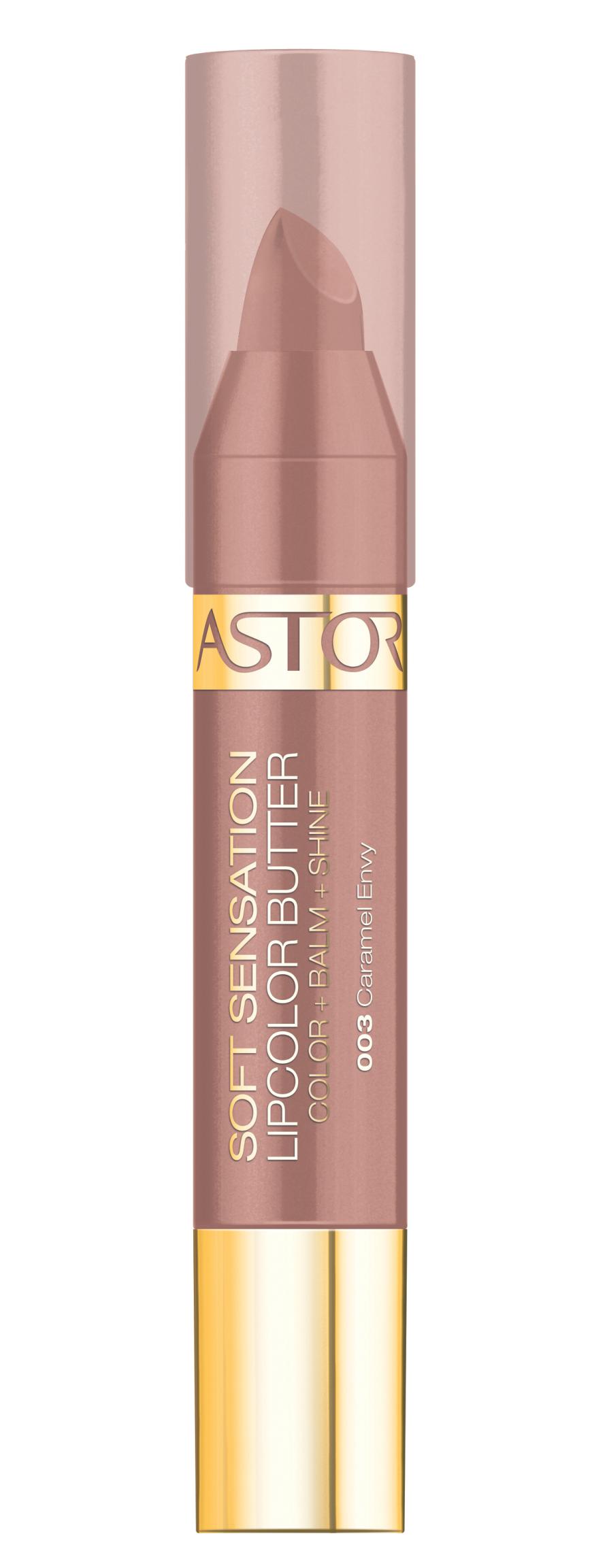KAKAO Besonders natürlich sehen Karamell- und sandige Brauntöne bei dunkleren, olivstichigen Hauttypen aus. Die ideale Wahl, um die Lippen dezent zu betonen. „Soft Sensation Lipcolor Butter“ von Astor, in „Caramel Envy“, ca. 8 Euro