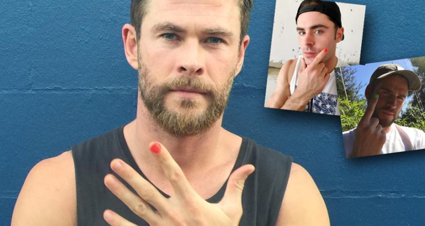 Von wegen peinlich berührt! Chris Hemsworth, Liam Hemsworth und Zac Efron zeigen stolz ihre bunt lackierten Fingernägel im Rahmen der "Polished Man Challenge" auf Instagram.