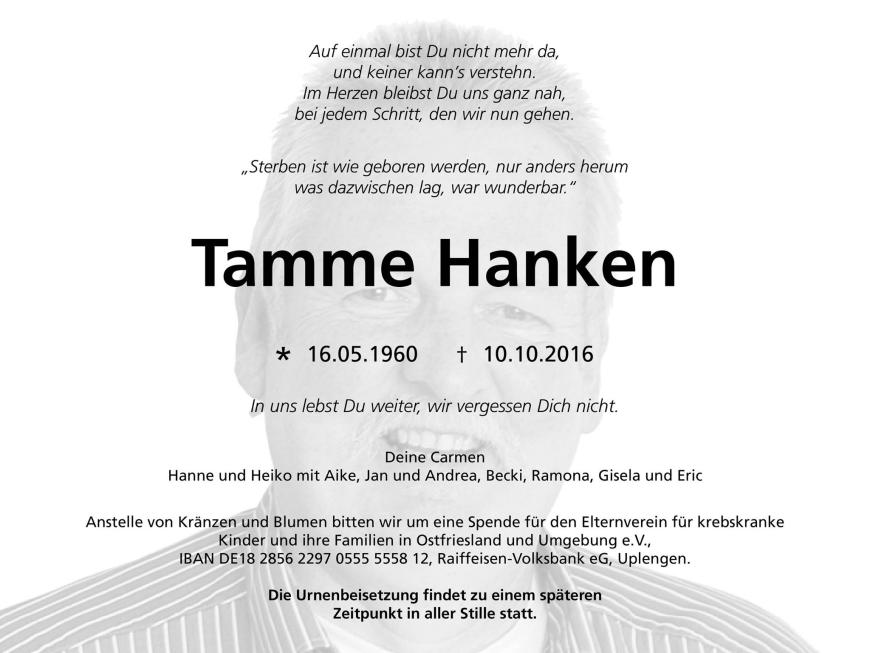 Die Traueranzeige für Tamme Hanken wurde auch auf Facebook veröffentlicht.