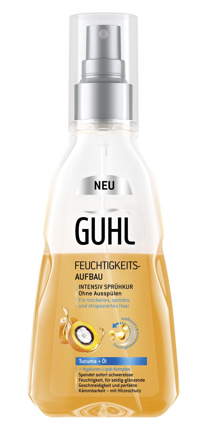 Glanz: „Feuchtigkeits-Aufbau Intensiv Sprühkur“ von Guhl, ca. 6 Euro
