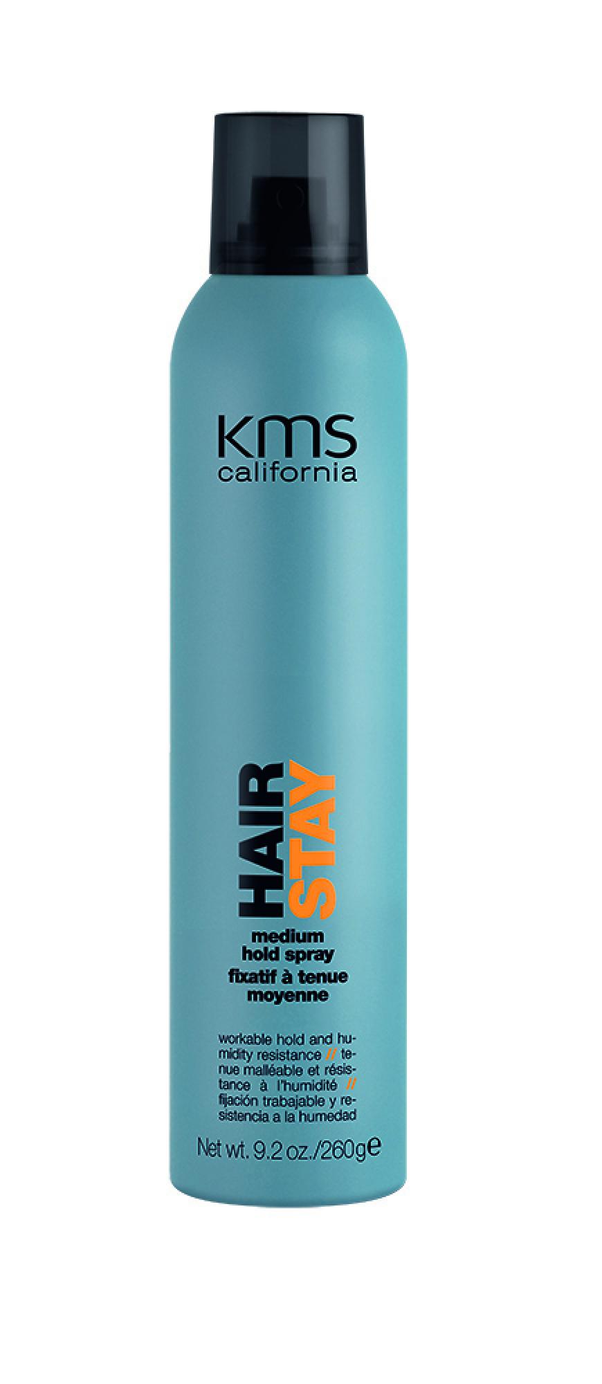 Flexibler Halt: „Hairstay Medium Hold Spray“ von KMS California, ca. 21 Euro, beim Friseur