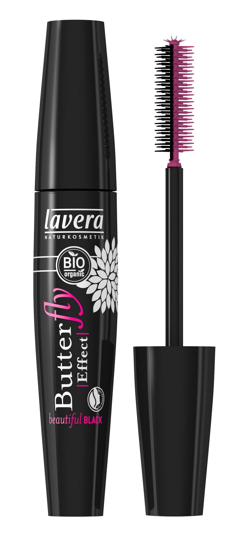 XL-Borsten: Verleiht extrem viel Volumen und Schwung. Die Bürste nimmt ordentlich Farbe auf und kreiert dick getuschte Wimpern. „Butterfly Effect Mascara“ von Lavera, ca. 6 Euro
