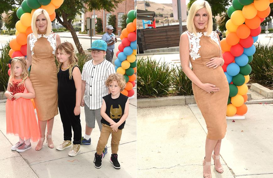 Tori Spelling ist schwanger mit Baby Nummer 5 - und ihre Kinderschar (links) wird noch größer. Hier posiert sie mit Stella, Hattie, Liam und Finn.