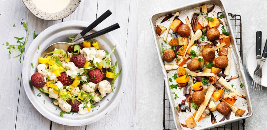 Vegetarische Weihnachten müssen nicht langweilig sein: Mango, Rote-Beete-Falafel und Blumenkohlsalat mit Curry-Dressing (links), geröstetes Gemüse mit Blauschimmelkäse und Falafel