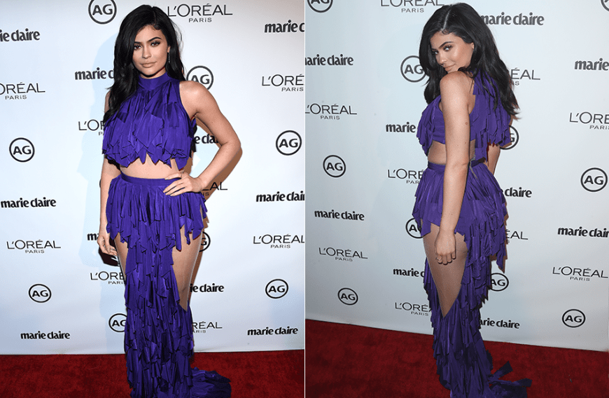 Kylie Jenner liebt freizügige Roben, so wie diesen rüschigen Hauch von Nichts.