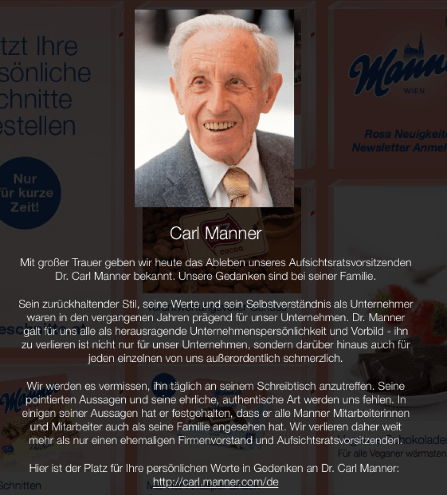 Das Unternehmen gab den Tod von Carl Manner auf der Webseite bekannt.