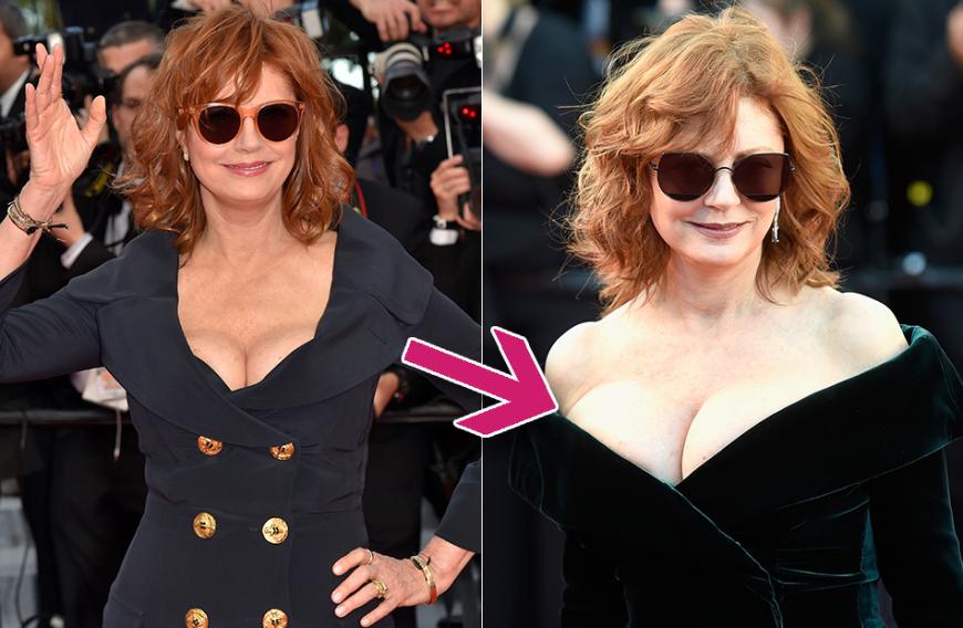Von Körbchen C zu Doppel D? Susan Sarandon bei den Filmfestspielen in Cannes. Links im letzten Jahr, rechts vor wenigen Tagen.