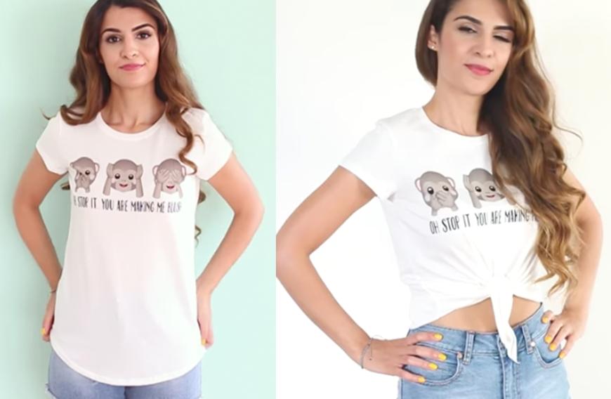 3. Cropped-Top selber machen: Du hast sicher auch unzählige Tops in deinem Kleiderschrank hängen, die du zwar gerne magst, die aber nicht so richtig passen. Solche Teile kannst du ganz einfach zu einem Cropped-Top umfunktionieren! Wie das genau geht, erfährst du im Video.