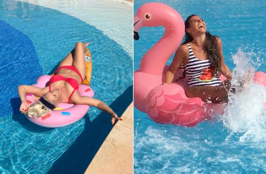 Türkisblaues Swimmingpool-Wasser, ein pinkes Motiv-Gummiboot und darauf wahlweise Daniela Katzenberger oder Sarah Lombardi ...