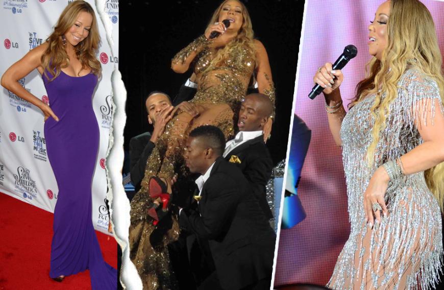 Vor zehn Jahren (l.) hatte Mariah Carey noch einen Hammer-Körper. Dass sie immer dicker wird, will ihr die Crew nicht erklären. Aus Panik vor ihren Launen etikettieren sie die Konfektionsgrößen von Mariahs Klamotten um.