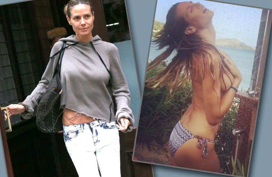 Topmodel Heidi Klum besteht nur noch aus Haut und Knochen. Merkwürdig: Obenrum präsentiert sie sich - auch auf Instagram - plötzlich wieder ziemlich prall ...