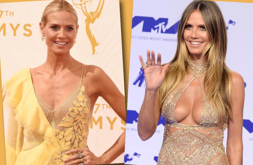 Hmmm! Links sehen wir das deutlich knochigere Dekolleté von Heidi Klum bei den Emmys 2015, rechts der wieder pralle Ausschnitt der Model-Mama bei den MTV VMAs 2017.