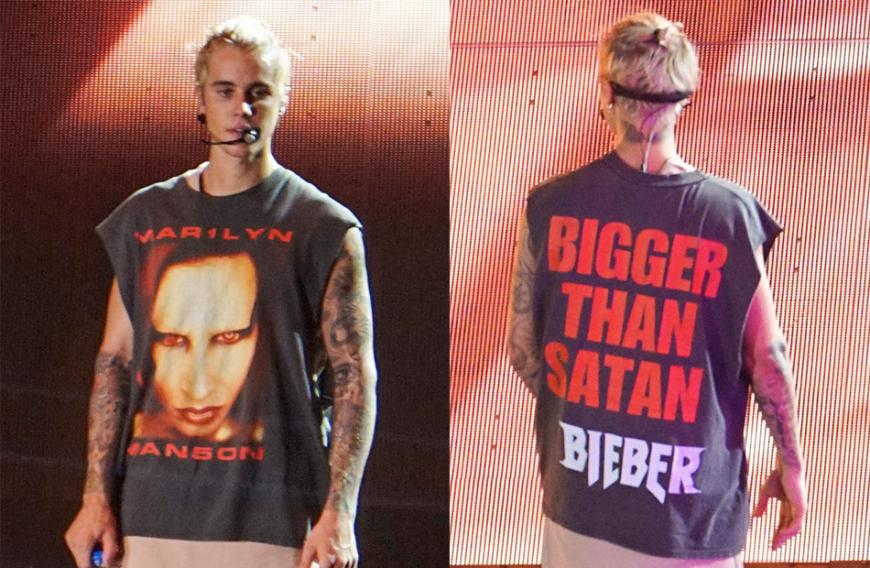Für einen Auftritt ließ Justin Bieber sich ein altes Foto von Marilyn Manson mit eigenem Spruch bedrucken.