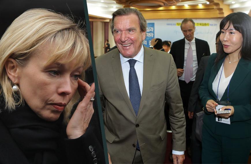 Gerhard Schröder ist glücklich: So-Yeon Kim (r.) ist seine neue Liebe. Noch-Ehefrau Doris Schröder-Köpf (l.) nimmt via Facebook kein Blatt vor den Mund: