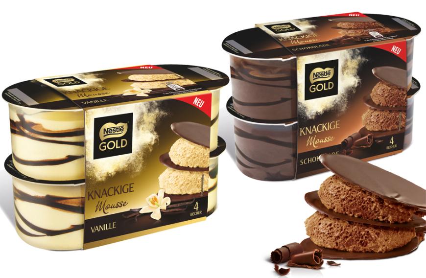 Allein in köstliches Vanille- und Schoko-Mousse könnten wir uns ja schon reinlegen. Der Clou bei Nestlé Gold Knackige Mousse sind jedoch die knackigen Schoko-Schichten, die das Dessert erst zum Knaller machen. Seit September neu im Kühlregal in gleich in zwei leckeren Sorten: Schokolade und Vanille. 4x57 Gramm, 1,99 Euro UVP