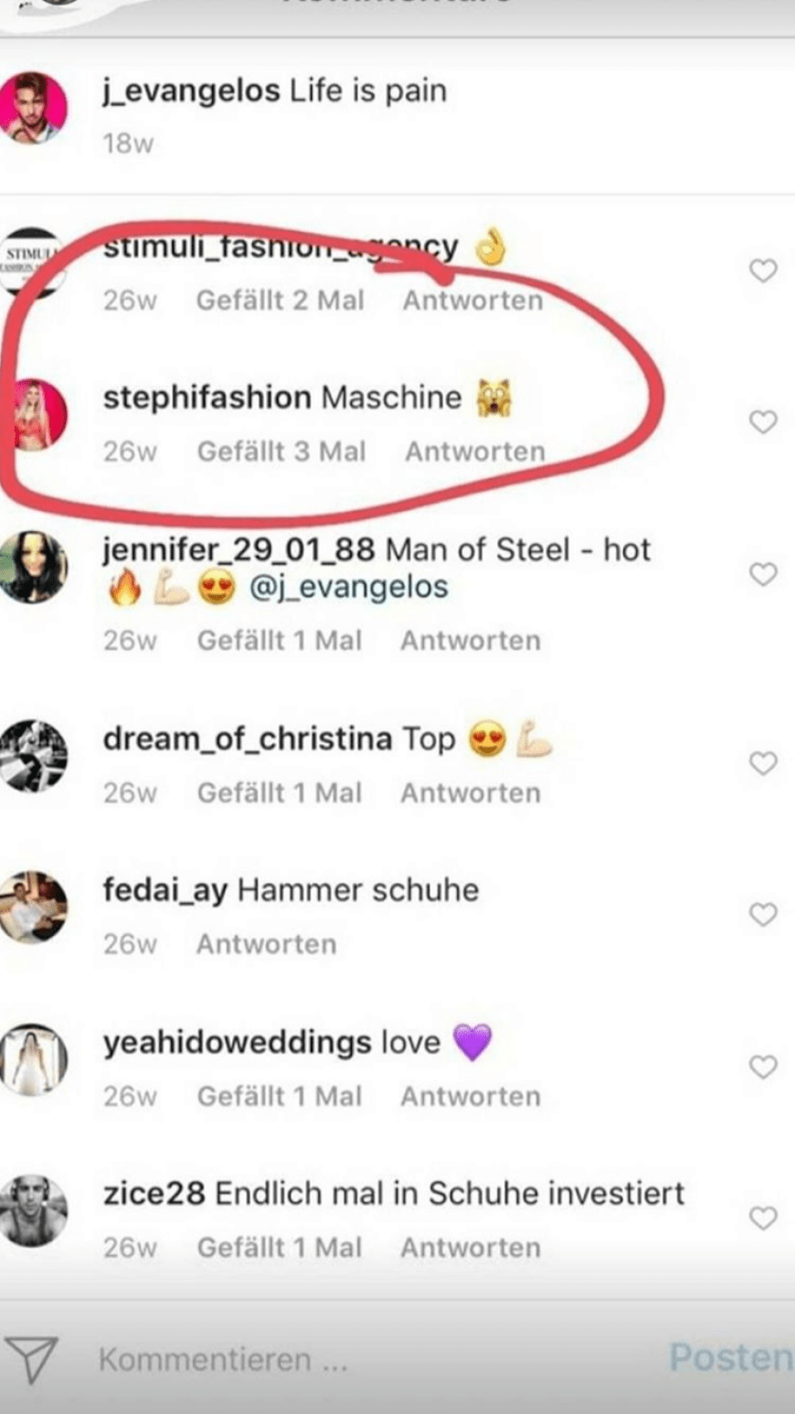 Screenshot von Elena Miras: Stephi kommentierte im März ein Foto von Julian im Fitnessstudio