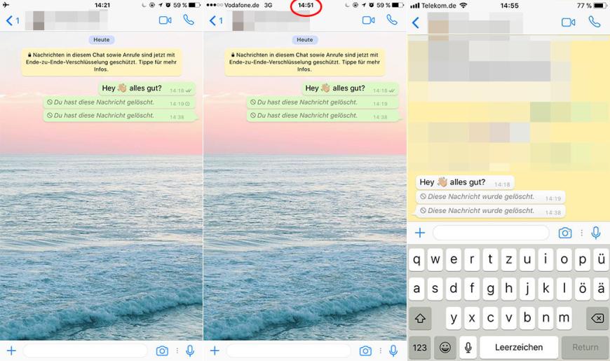 Anschließend einfach wieder aus dem Flugmodus in den normalen Modus wechseln, Einstellungen für Datum und Uhrzeit rückgängig machen - fertig! Der Beweis: Sowohl bei dir selber, als auch bei deinem Chatpartner ist die Nachricht verschwunden (Bild 2 und 3).