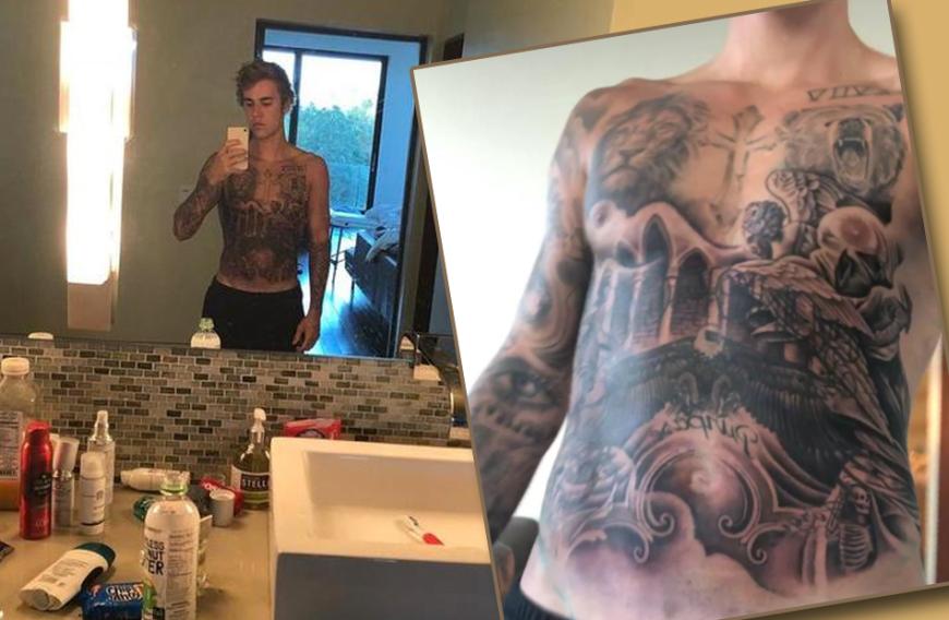 Justin Bieber zeigt gern, was er hat - hier sein XXL-Tattoo, das seinen ganzen Oberkörper bedeckt.