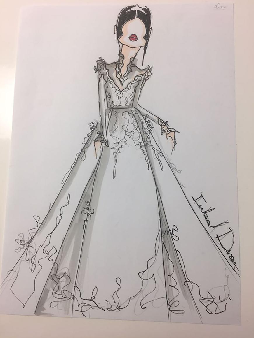 Auch eine wunderschöne und aristokratische Variante, das hochgeschlossene Brautkleid auf dieser Skizze!