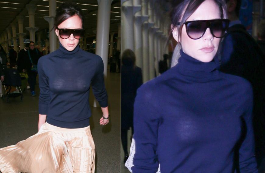 Nippel-Alarm: Victoria Beckham trägt zwar einen BH - trotzdem blitzt bei dem Rollkragen-Outfit einiges durch ...