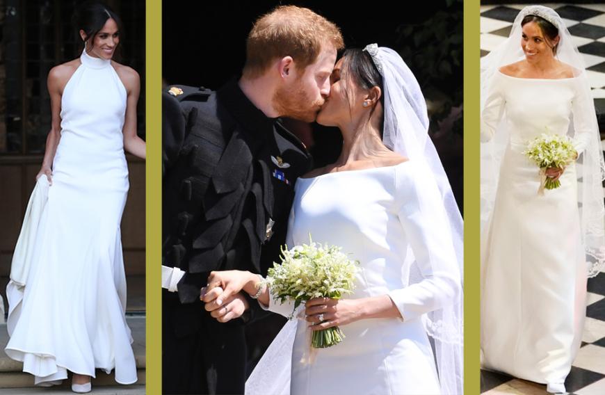 Einfach hinreißend! Meghan Markle zeigte sich bei der abendlichen Feier sexy schulterfrei in einem Traumkleid von Stella McCartney. Zur Trauung am Mittag kam die Braut in einem Dress mit Bateau-Ausschnitt von Givenchy (r.). 