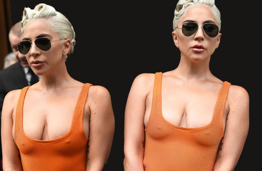 Lady Gaga unterwegs in Paris: zwar mit Sonnenbrille, rotem Tank Top, ABER definitiv ohne BH.