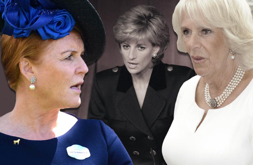 Camilla Parker Bowles (heute Herzogin Camilla, r.) und Thronfolger Prinz Charles heirateten 2005 - acht Jahre nach dem Tod von Charles' geschiedener Frau Lady Diana (M.). Gerüchten zufolge soll Camilla seine einzige große Liebe gewesen sein - lange bevor er Diana geheiratet habe. Zudem soll er die Mutter von Harry und William mit Camilla betrogen haben. All dies und noch viel mehr sorgt offenbar auch 21 Jahre nach dem Tod der "Prinzessin der Herzen" für böses Blut bei den britischen Royals, besonders bei Herzogin Fergie (l.). 
