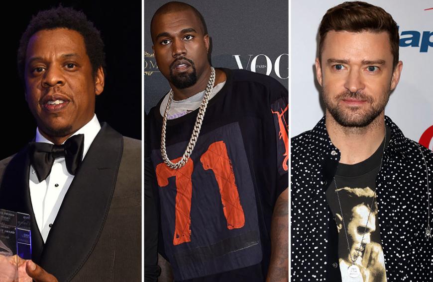Kanye West (2.v.l.) ist für sein provokantes Verhalten bekannt, doch damit kommt nicht jeder klar. Sei es sein Kommentar gegenüber Jay-Z, dass er es nicht verstehen könne, wieso die Kinder der beiden nicht miteinander spielen würden, oder sein Diss gegen den gemeinsamen Song von Jay (l.) und Justin Timberlake (r.). Während eines Konzerts verkündete der Rapper: