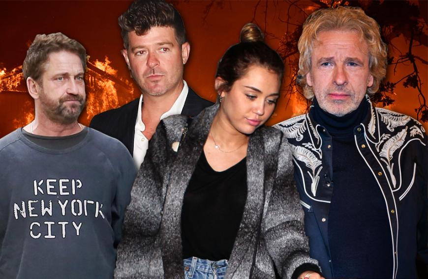 Gerard Butler, Robin Thicke, Miley Cyrus, Thomas Gottschalk (v.l.n.r.) und viele mehr mussten vor dem Flammen-Inferno, das zurzeit durch Kalifornien zieht, flüchten. Ihre Häuser sind nun meist bis zum Boden abgebrannt.
