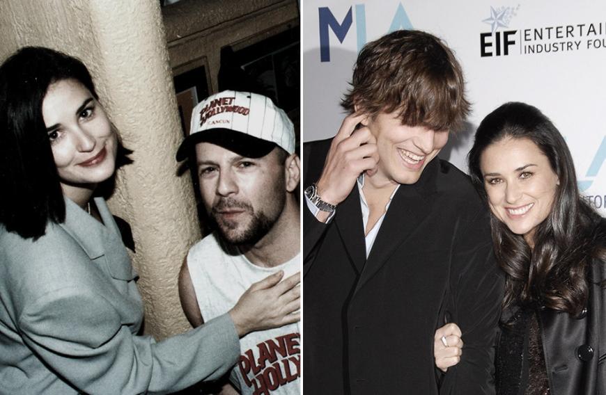 Mit Bruce Willis (l.) war Demi Moore 13 Jahre lang verheiratet. Die Ehe mit dem 16 Jahre jüngeren Ashton Kutcher (r.) hielt acht Jahre.