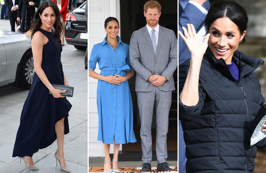Die Gattin von Prinz Harry trägt auffällig viel Blau. Soll uns das etwa bereits das Geschlecht ihres ungeborenen Kindes verraten? Selbst unter ihrer dicken Jacke (r.) trägt die Herzogin ausgerechnet einen blauen Strickpulli.