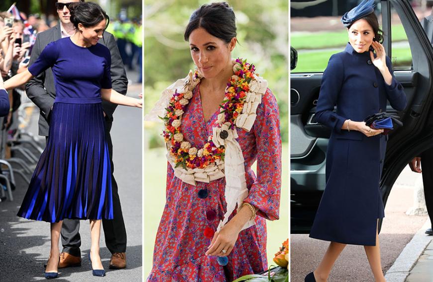 Auch wenn Meghan während ihres Fiji-Besuchs (m.) ein hauptsächlich rotes Kleid trug, sind die blauen Blüten darauf nicht zu übersehen. Besonders interessant: Kurz bevor die Herzogin von Sussex ihre Schwangerschaft bekannt machte (r.), entschied sie sich ebenfalls für die Farbe Blau.