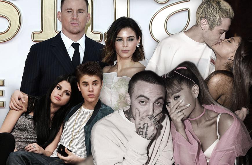 Ein Liebes-Aus tut immer weh, doch diese Promis brachen uns 2018 wirklich das Herz: Justin Bieber & Selena Gomez (l.), Channing Tatum & Jenna Dewan (hinten) sowie das Liebesdrama zwischen Ariana Grande, Mac Miller und Pete Davidson (r.).