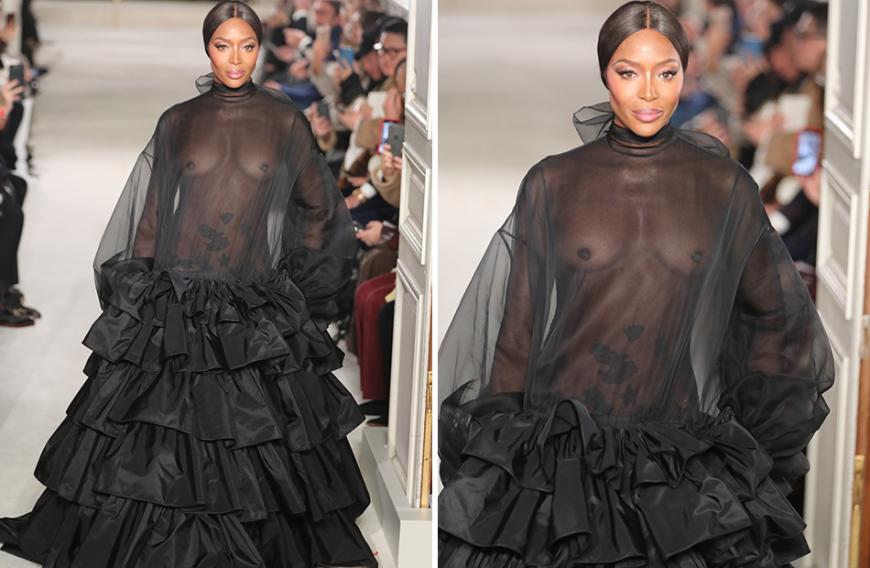 Wow! Auf der Paris Fashion Week läuft Supermodel Naomi Campbell in diesem schwarzen Kleid über den Laufsteg und zeigt, was sie hat. Mit 48 Jahren sieht sie in dem transparenten Dress einfach mega aus.