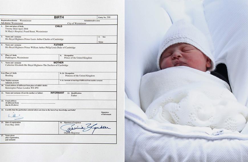 Am Montag, den 23. April 2018 wird Prinz Louis Arthur Charles um 11:01 Uhr als drittes Kind von William und Kate geboren. Der Kleine wiegt bei der Geburt 3800 Gramm. Nach seinem Großvater Charles, seinem Vater William und seinen Geschwistern befindet er sich an fünfter Stelle in der Thronfolge.