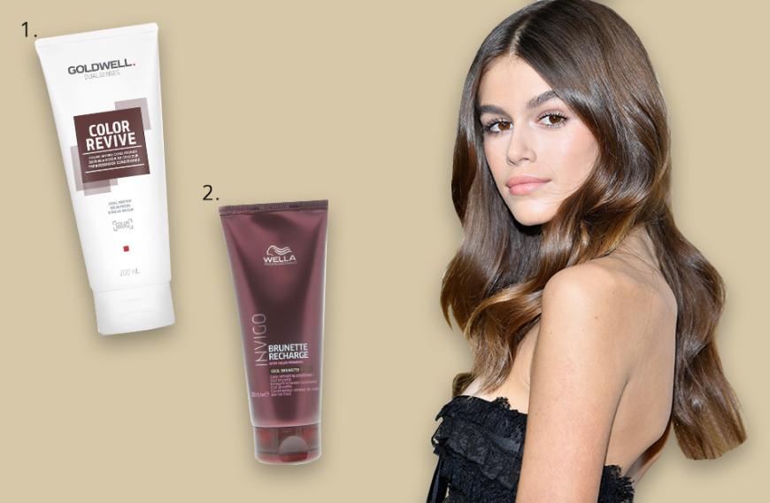 Kaia Gerber hat von Natur aus einen wunderschönen kühlen Braunton. Damit deine Mähne genauso schön glänzt wie die des Models sind folgende Produkte ideal. Von (1.) Goldwell gibt es den