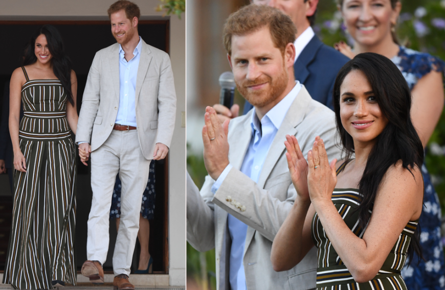 Meghan hatte sich entschlossen, auf dieser Auslandsreise nach Südafrika nicht mit teurer Garderobe zu protzen. Sie trug nur sehr preisgünstige Kleider von afrikanischen Marken oder verwertete Outfits wieder, die sie schon mal getragen hatte. Auch ihren teuren Verlobungsring hatte Meghan nicht auf, wenn sie arme Gegenden besuchet. Zum Abendempfang des Hochkommisars hatte Meghan ein gestreiftes Maxikleid an, das sie schon in Australien getragen hatte.