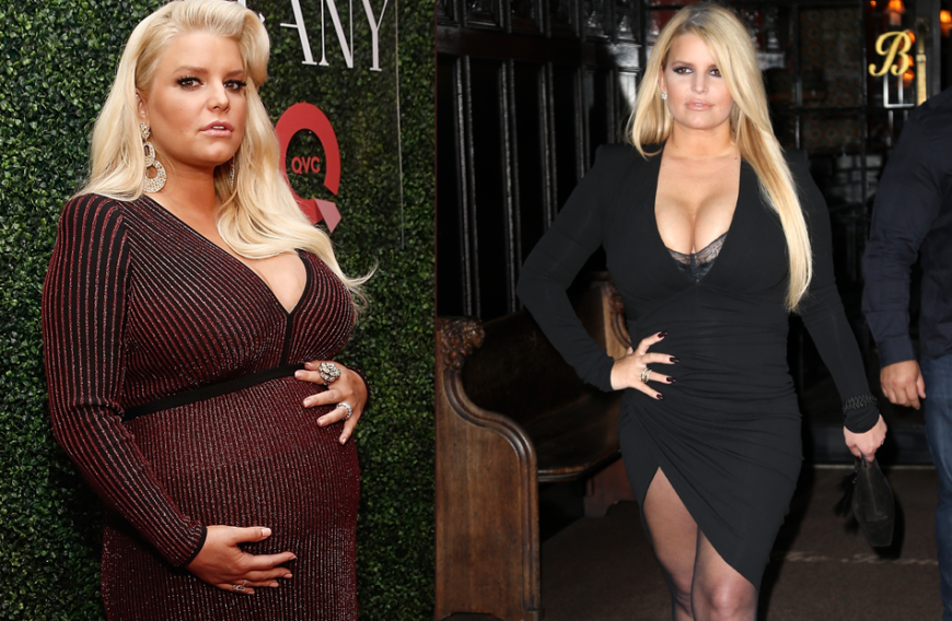 Sie hat sich fast halbiert! Während ihrer letzten Schwangerschaft (l.) hatte Jessica Simpson mit extremen Wassereinlagerungen und Gewichts-Jo-Jo zu kämpfen, brachte 109 Kilo auf die Waage. Nur sechs Monate nach der Geburt zeigt sie sich wieder im engen kleinen Schwarzen (r.), mit 64 Kilo.