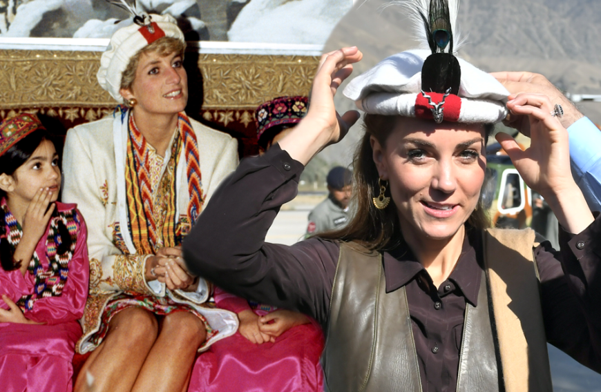 An Tag 3 in Pakistan gab es einen weiteren emotionalen Moment: Kate trug dieselbe Kopfbedeckung, die Diana 1991 ebenfalls in Pakistan (r.) getragen hatte. Den traditionellen Chitrali-Hut bekam sie im Norden des Landes überreicht.