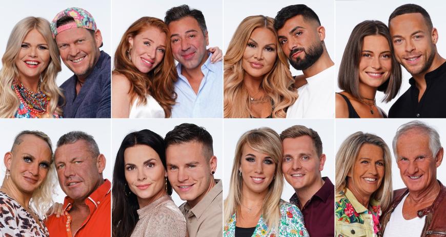 Das sind die diesjährigen Promi-Paare: (v.o.l.) Diana Herold & Michael Tomaschautzki, Georgina Fleur & Kubi Özdemir, Lisha & Lou, Jennifer Lange & Andrej Mangold, Caroline Robens & Andreas Robens, Henning Merten & Denise Kappés, Annemarie Eilfeld & Tim Sandt, Michaela Scherer & Martin Bolze