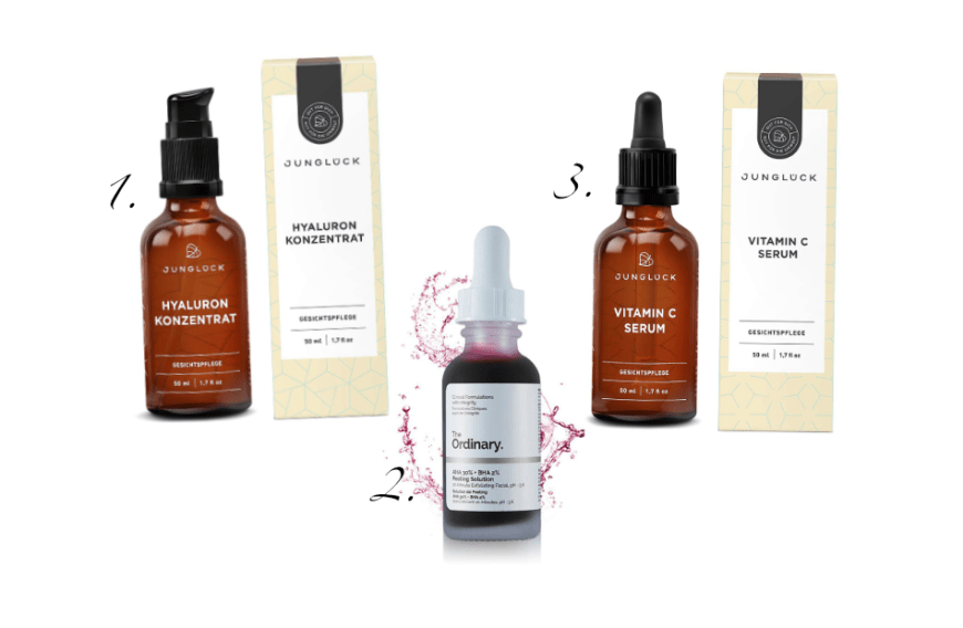 Danach wird ein Serum aufgetragen. Je nach Hautbedürfnis kannst du zwischen Hyaluron, Retinol, Vitamin-C und Co. auswählen.
1. Junglück