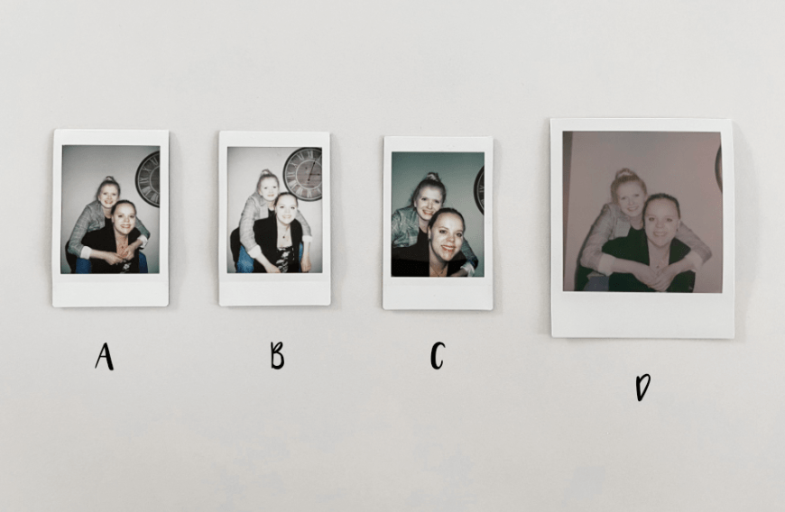 Diese Fotos sind drinnen mit Blitz im Portrait- bzw. Makromodus entstanden.
A: Instax Mini 9
B: Instax Mini 9 - High Key Modus
C: Instax Mini 90 Neo Classic
D: OneStep+