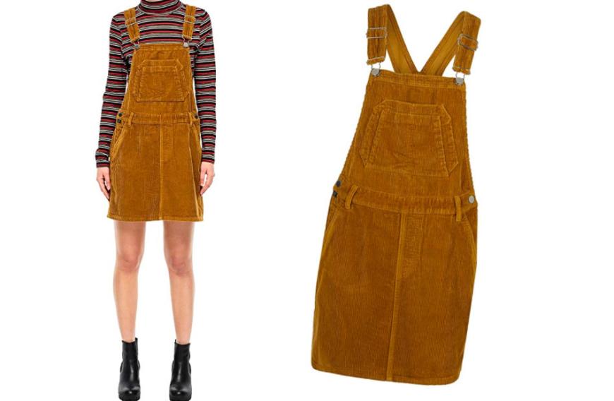 Auch Latzkleider feierten in den letzten Jahren ihr Comeback. Kein Wunder, dass die Dresses so beliebt sind, denn sie sehen nicht nur cool aus, sondern kaschieren durch ihren geraden, oft leicht ausgestellten Schnitt auch spielendleicht kleine Problemzonen. Im Herbst kannst du das Kleid cool mit einem dünnen Rollkragenpullover oder einem langärmligen Shirt kombinieren. Auch Strumpfhosen und Overknee-Stiefel passen super zu dem Dress. Magst du es lieber sportlich, eignen sich natürlich auch Sneaker. Das Latzkleid aus Cord von s.Oliver für ca. 60 Euro erhältlich.