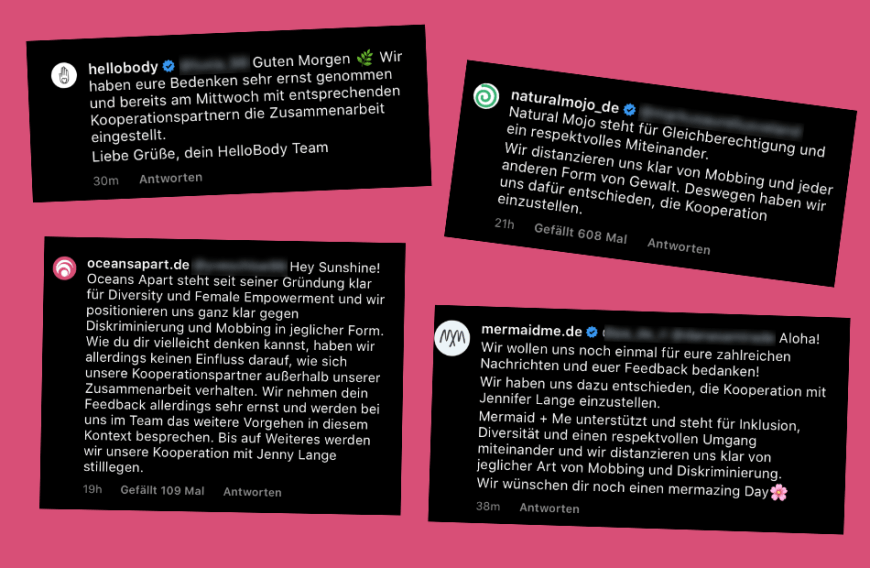 Via Instagram bezogen nun zahlreiche Kooperations-Partner von Jenny Stellung zur heftigen Kritik im Netz.