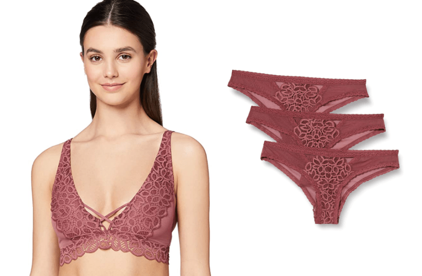 Ganz schön heiß wird es mit diesen Spitzen-Dessous von Iris & Lilly! Der BH begeistert mit einem tiefen Dekolleté sowie raffinierten Schnürungen. Die Slips im angesagten Brazilian-Design punktet mit sexy Cut-outs.
1. Iris & Lilly