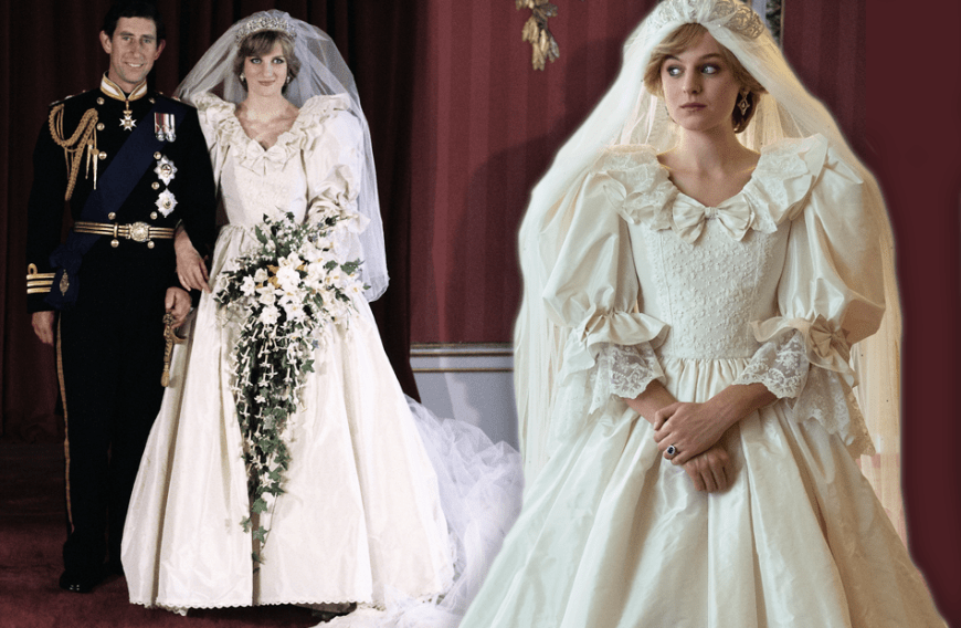 Am 29. Juli 1981 verfolgten 750 Millionen TV-Zuschauer Dianas Hochzeit mit Charles. Damals Rekord! Verblüffende Ähnlichkeit: Emma Corrin (r.) schlüpfte erstmals in die Diana-Rolle – und in das originalgetreue Hochzeitskleid aus viiiel Seidentaft. Sogar in der Kopie steckt viel Arbeit: 600 Arbeitsstunden und 100 Meter Spitze. Zum Glück hatte Sender Netflix Hilfe von Modeschöpfer David Emanuel, der mit seiner Frau das Original kreierte. In der