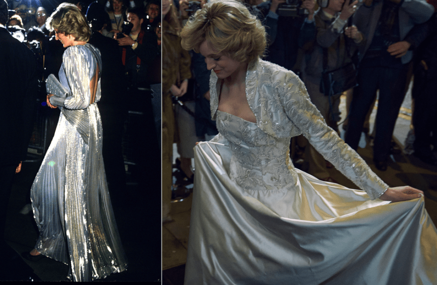 Diana liebte es, die Queen zu ärgern. Mit tiefem Dekolleté oder gewagten Rücken-Einblicken klappte das perfekt ... Für „The Crown“ wurde das Kleid-Bolero-Outfit (r.) ziemlich detailgetreu nachgeschneidert.