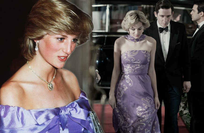 Diana kam 1983 schulterfrei und in lila zu einer Theaterpremiere in London. Der Queen soll das zu freizügig gewesen sein. Die Produzenten fanden den Original-Look vielleicht etwas zu wild, gestalteten Emmas Kleid (r.) figurbetonter.