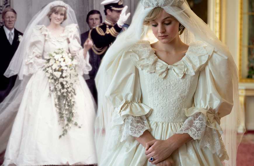 Die Original-Robe aus elfenbeinfarbenem Seidentaft (l.) hat eine Schleppe von 7,62 Meter Länge, der Schleier ist ganze 1,40 Meter lang. Der Wert des Hochzeitkleids wurde auf ca. 80.000 Euro geschätzt. Dianas Brautrobe ist eines der bekanntesten Kleider der Welt und war vor der Hochzeit eines der bestgehüteten Geheimnisse der Modegeschichte. Designer waren Elizabeth und David Emanuel. Diana entschied sich bewusst für diese beiden Modeschöpfer. Es sollte ein Kleid sein, „das auf der einen Seite in die Geschichte eingeht und auf der anderen Seite muss Diana selbst es lieben“, ein Kleid, das „so dramatisch ist, dass es in Erinnerung bleibt“. Die Anproben gestalteten sich allerdings schwierig, da die künftige Prinzessin an Bulimie erkrankt war. So verlor sie in den Monaten vor der Hochzeit zwei Kleidergrößen. Die Näherinnen wussten daher nicht, ob das Kleid am Tag der Hochzeit tatsächlich passen würde ...